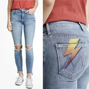 MOTHER Jeans Stunner Ankle Step Fray Helter Skelter Blue Size 24 Lightning Bolt